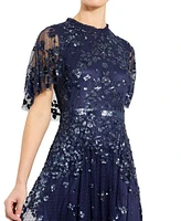 Mac Duggal Women's Sequined High Neck Flutter Sleeve A Line Gown