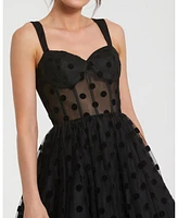 Mac Duggal Women's Polka Dot Net Bustier A-Line Midi Dress