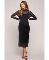 Pinkblush Maternity Black Shimmer Mesh Long Sleeve Ruched Midi Dress