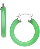 Dyed Green Jade Polished Cap Small Hoop Earrings in Sterling Silver, 1"