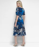 Dkny Women's V-Neck Ruched-Sleeve Belted Midi Dress