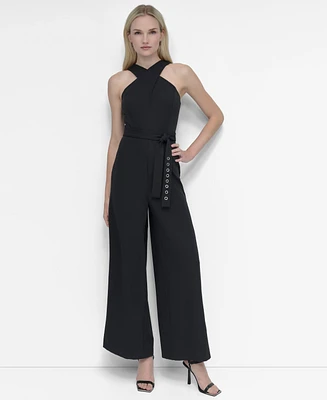 Dkny Women's Crisscross Halter Belted Wide-Leg Jumpsuit