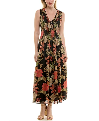 Taylor Women's Printed V-Neck Smocked-Waist Sleeveless Dress