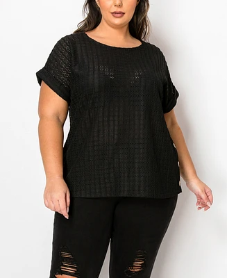Coin 1804 Plus Eyelet Jersey Scoop Neck Side Buttons Top