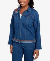 Alfred Dunner Women's El Paso Floral Vine Embroidered Border Denim Jacket