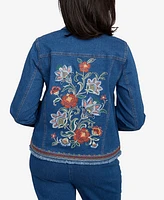 Alfred Dunner Women's El Paso Floral Vine Embroidered Border Denim Jacket