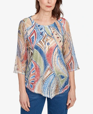 Alfred Dunner Women's El Paso Printed Leaf Textured Top with Necklace