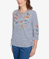 Alfred Dunner Women's El Paso Floral Stripe Ruched Sides Top