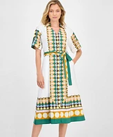 T Tahari Women's Printed Elbow-Sleeve Tie-Waist Split-Neck Midi Dress