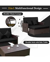 Gymax Rattan Loveseat Set Daybed Lounge w/ Storage Ottoman Side Tables Adjust Patio