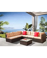 7 Piece Outdoor Sectional Sofa Set with Glass Table and Cushions
