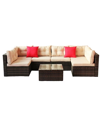 7 Piece Outdoor Sectional Sofa Set with Glass Table and Cushions