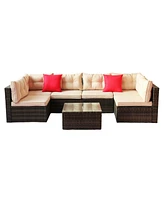 7 Piece Outdoor Sectional Sofa Set with Glass Table and Cushions