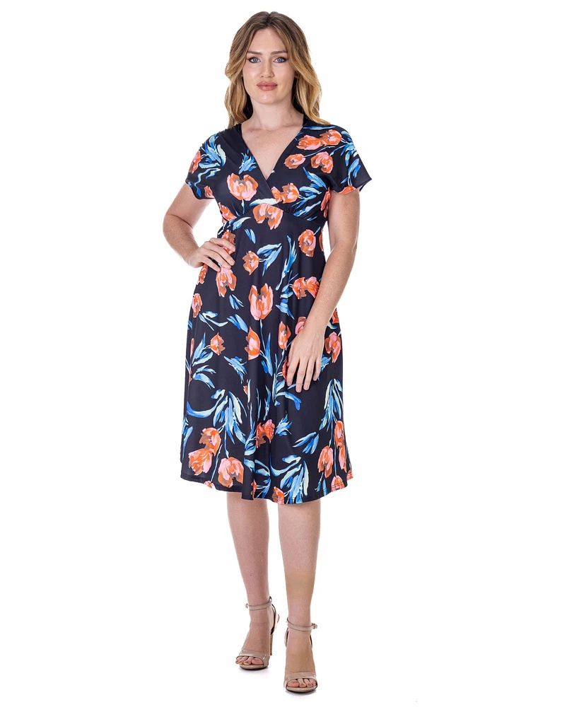 24seven Comfort Apparel Petite Tulip Print Empire Waist Kimono Cap Sleeve Knee Length Dress
