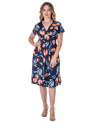 24seven Comfort Apparel Petite Tulip Print Empire Waist Kimono Cap Sleeve Knee Length Dress