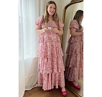Pinkblush Maternity Pink Floral Square Neck Ruffle Layered Maxi Dress