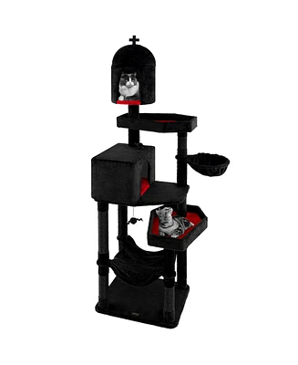 Gothic Cat Tree with 2 Cat Condos and Coffin Bed for Indoor Cats