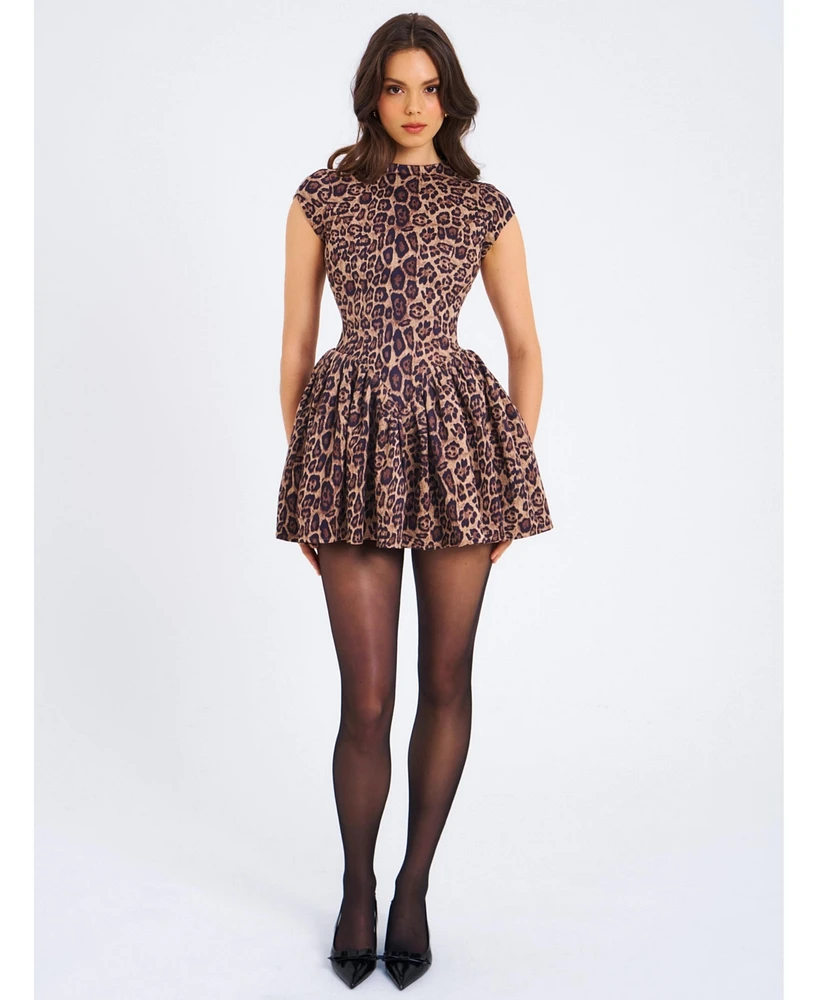 Miss Circle Women's Jacqueline Backless Cheetah Print Mini Puffy Dress