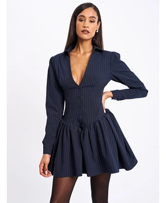 Miss Circle Women's Xabrina Navyblue Pinstripe Long Sleeve Shirt Mini Dress