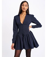 Miss Circle Women's Xabrina Navyblue Pinstripe Long Sleeve Shirt Mini Dress