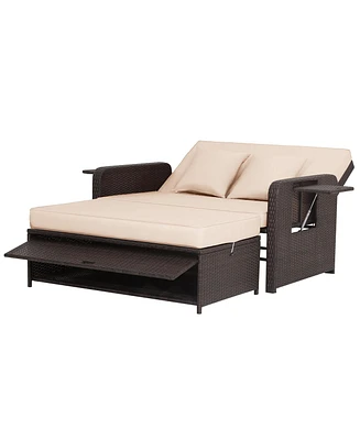 Gymax Rattan Daybed Lounge w/ Retractable Top Canopy Side Tables Cushions Off Patio