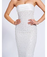 Miss Circle Women's Lainey White Satin Sequin Pearls Beaded Maxi Dress