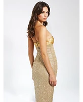 Miss Circle Women's Lainey Gold Satin Sequin Pearls Beaded Maxi Dress