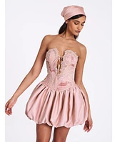 Miss Circle Women's Palesa Pink Ballet Style Embroidered Bubble Hem Mini Dress