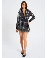 Miss Circle Women's Rachelle Black Embroidered Mesh Mini Shirt Dress