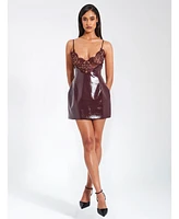 Miss Circle Women's Shelby Dark Brown Faux Leather with Lace Mini Dress