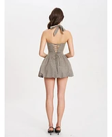 Miss Circle Women's Dacia Plaid Halter Lace-up Bubble Mini Dress