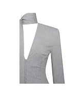 Miss Circle Women's Tahlia Deep V Pinstripes Gray Blazer Dress with scarf collar