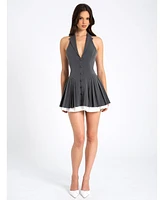 Miss Circle Women's Hazel Grey Preppy Halter Neck Pleated Mini Dress