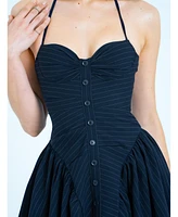 Miss Circle Women's Melody Navy Blue Pinstripe Halter Drop Waist Mini Dress