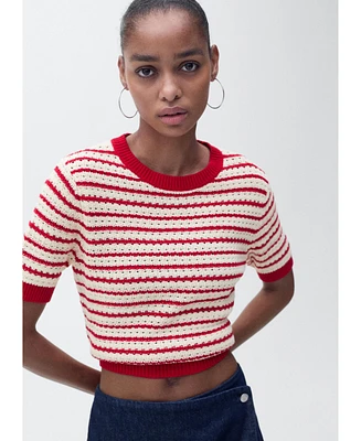 Mango Women's Striped Short Sleeve Crochet Sweater