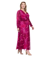 London Times Plus Bishop-Sleeve Mesh Maxi Dress