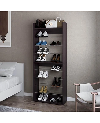 Oak Springs Tall Open Shoe Rack with Metal Rails and Multi-Tier Shelves, Wengue