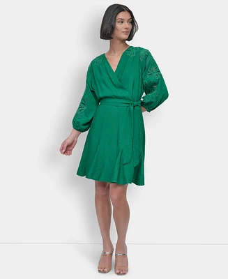 Dkny Petite Faux-Wrap Embroidered-Sleeve Fit & Flare Dress