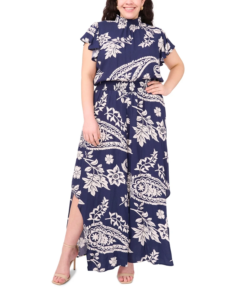 Msk Plus Printed Mock-Neck Short-Sleeve Jumpsuit