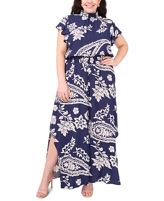 Msk Plus Printed Mock-Neck Short-Sleeve Jumpsuit