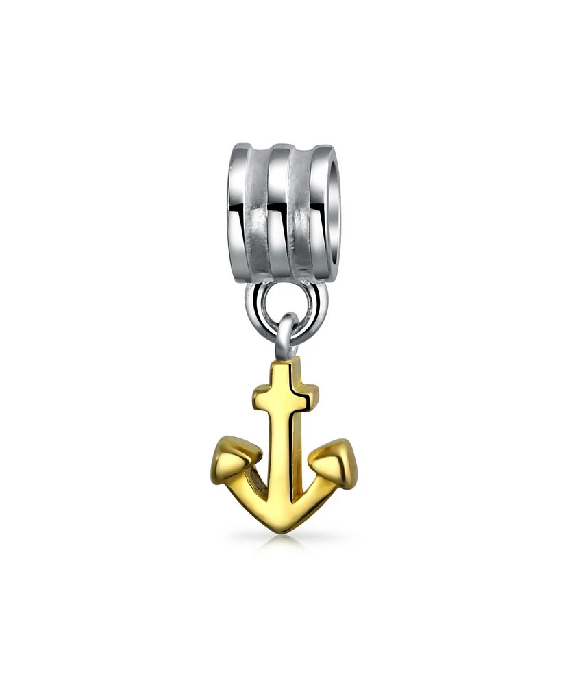Bling Jewelry Two Tone Nautical Vacation Boat Anchor Dangle Charm Bead Gold Plated .925 Sterling Silver Fits European Bracelet