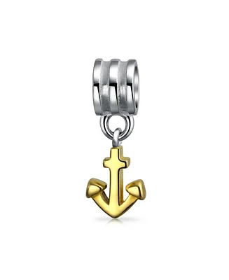 Bling Jewelry Two Tone Nautical Vacation Boat Anchor Dangle Charm Bead Gold Plated .925 Sterling Silver Fits European Bracelet