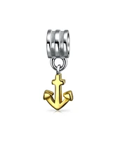 Bling Jewelry Two Tone Nautical Vacation Boat Anchor Dangle Charm Bead Gold Plated .925 Sterling Silver Fits European Bracelet