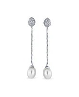 Bling Jewelry Simple Cz White Freshwater Cultured Pearl Linear Chain Dangling Earrings Silver Plated Brass