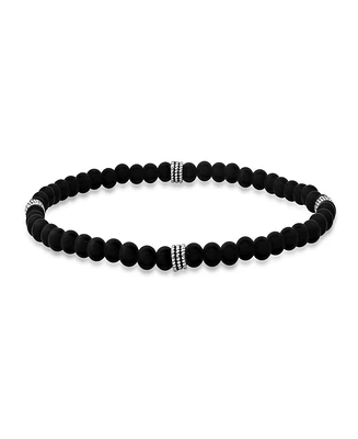 Steeltime Men's Sterling Silver and Black Lava Beaded Stretch Bracelet
