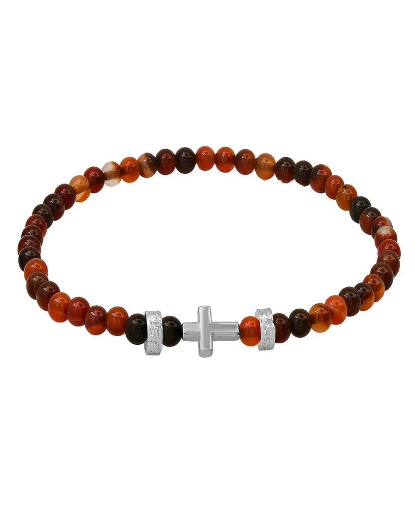 Steeltime Men's Sterling Silver Cross and Red Tiger Eye Beaded Stretch Bracelet