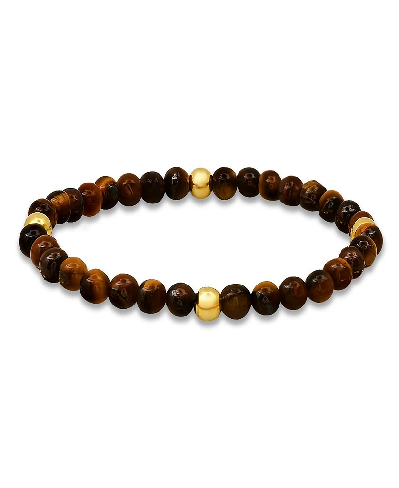 Steeltime Men's 14K Gold Plated Sterling Silver and Tiger Eye Beaded Stretch Bracelet