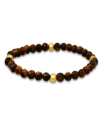 Steeltime Men's 14K Gold Plated Sterling Silver and Tiger Eye Beaded Stretch Bracelet