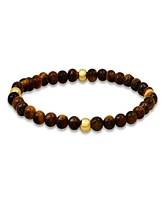 Steeltime Men's 14K Gold Plated Sterling Silver and Tiger Eye Beaded Stretch Bracelet