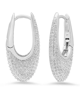 Steeltime Women's 18K White Gold-Plated Brass Simulated Diamonds Oval Huggie Earrings